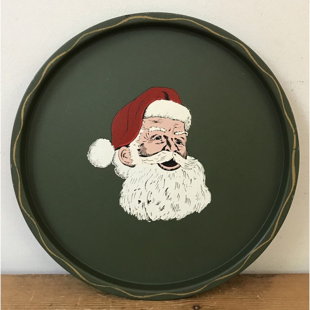 Vtg Handpainted Mid Century Green Metal Santa Clause Christmas Plate Platter 11"